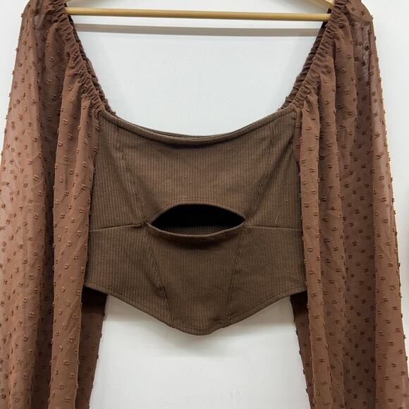 UO Urban Outfitters Brown Ribbed Cut Out Sheer Cropped Crop Top Medium Y2K Style - Picture 4 of 6